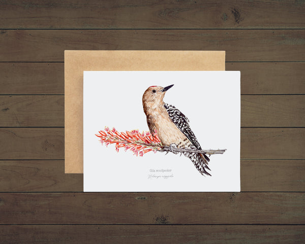 Gila Woodpecker with Ocotillo Illustration on a notecard with kraft envelope