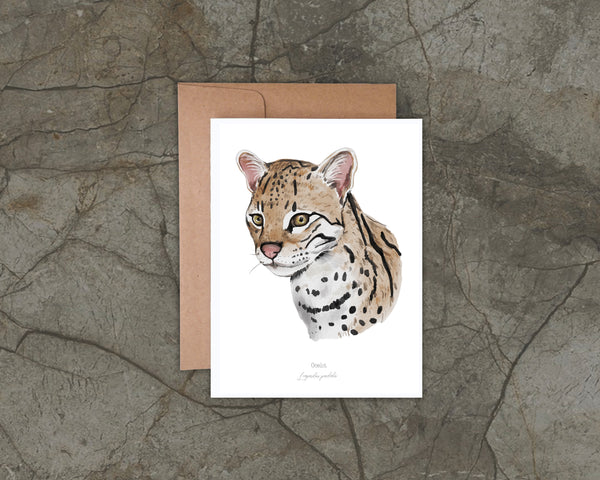 Card with an ocelot illustration on a textured stone background