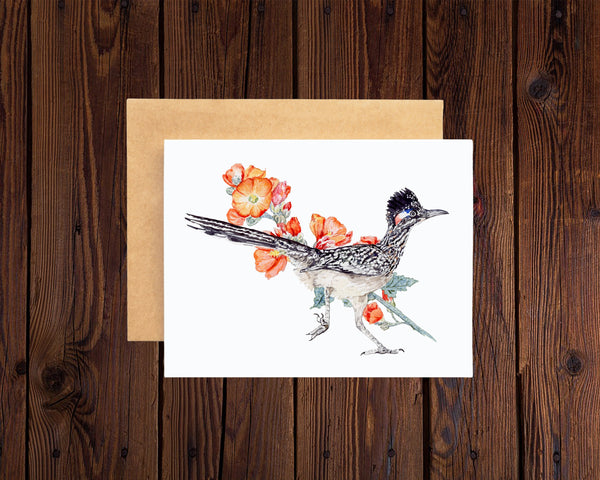 Greeting card with a roadrunner and globemallow flowers